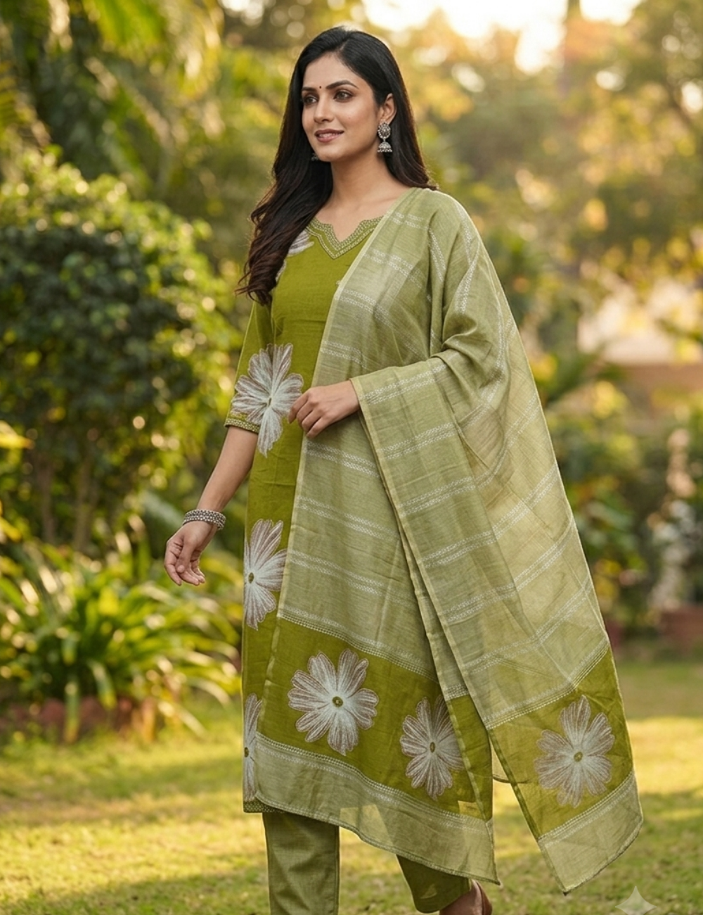 Olive Green Floral Printed Kurta Set with matching Dupatta