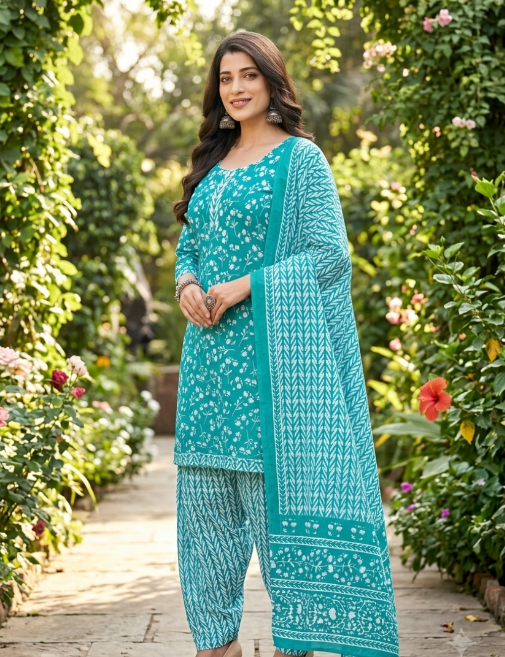 Elegant Teal Floral Printed Kurta Set with Dupatta