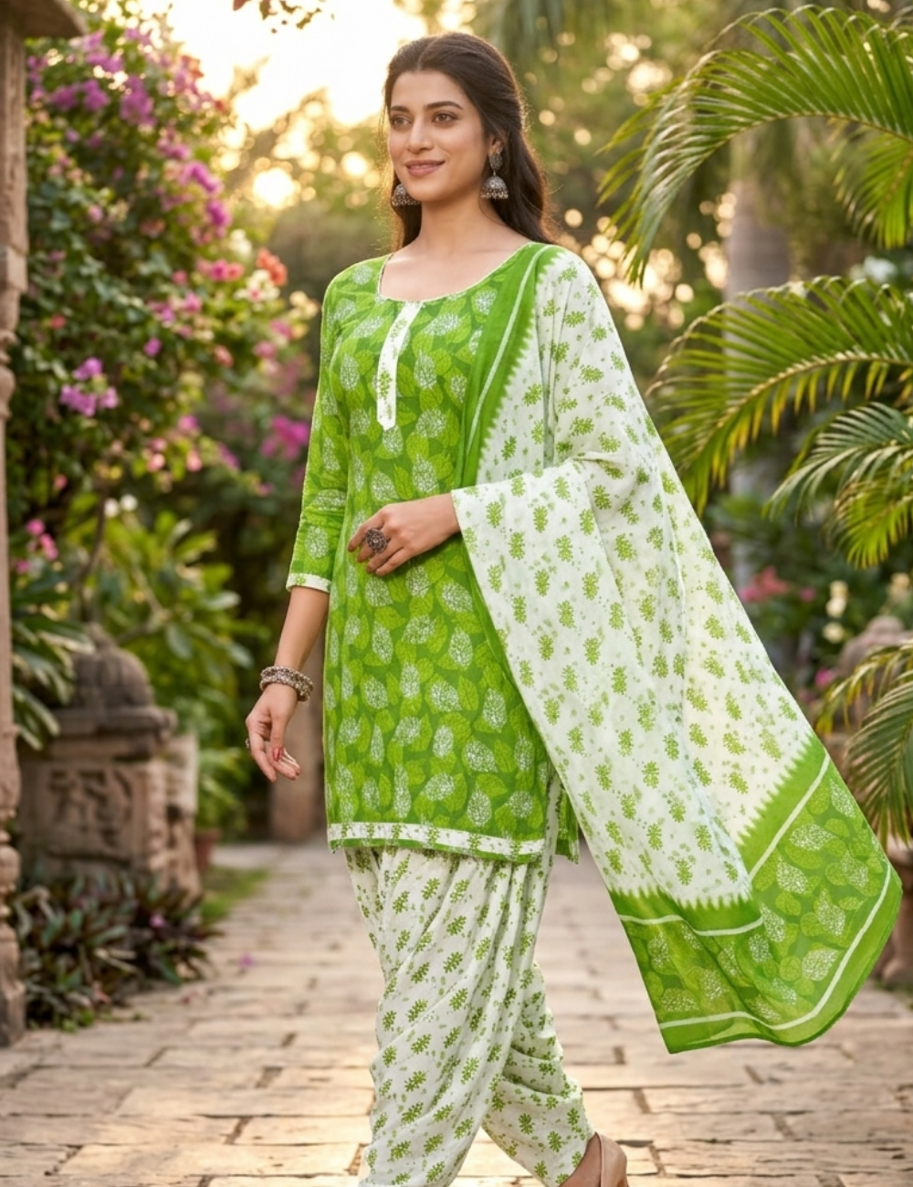 Vibrant Leaf Print Patiala Kurta Set with Dupatta