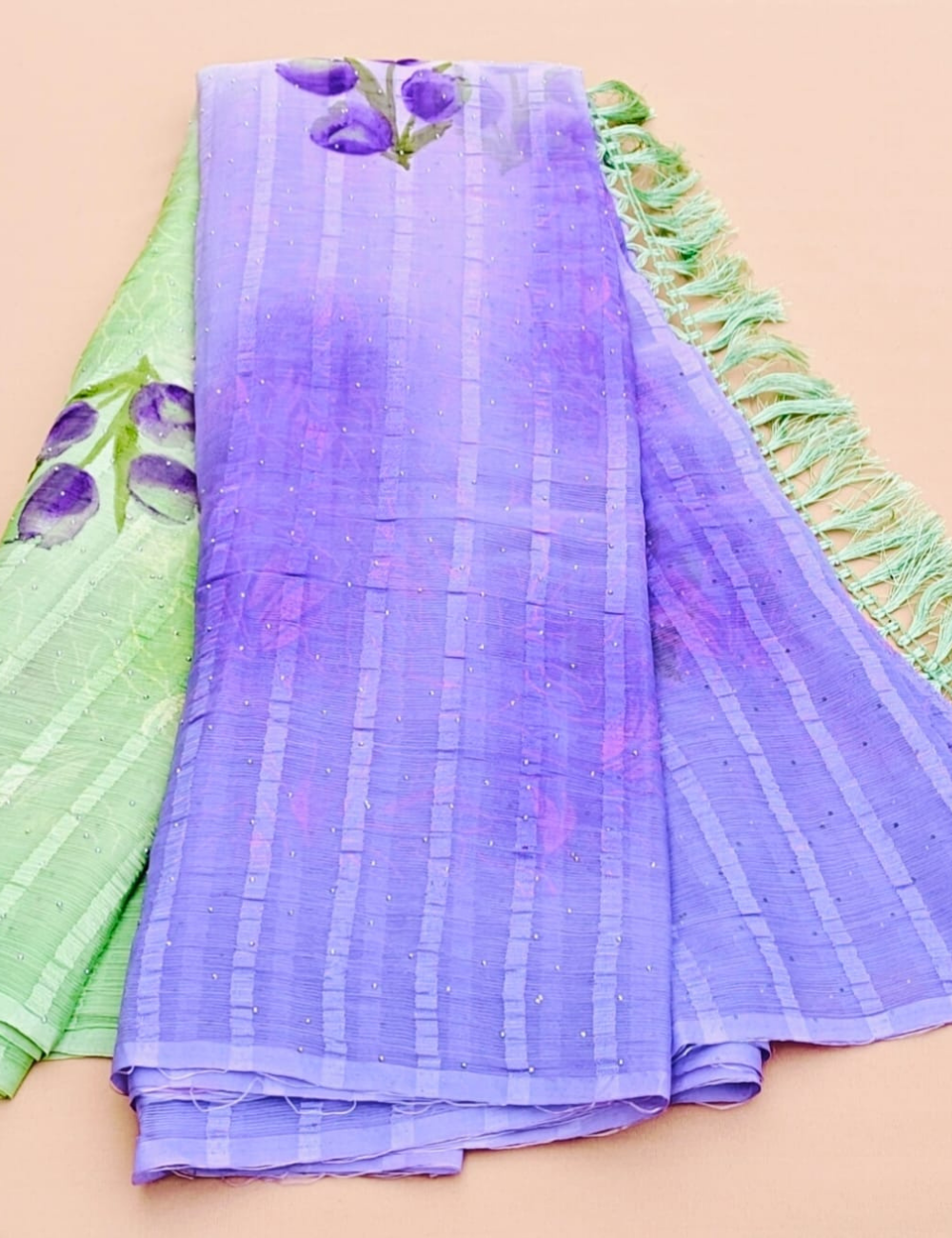 Graceful Lavender Saree with Contrast Green Floral Pallu