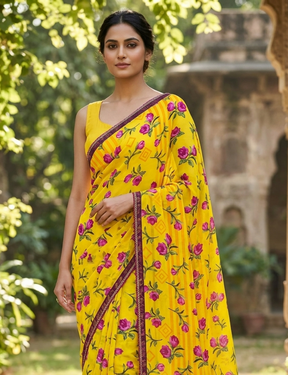 Vibrant Yellow Floral Printed Lightweight Saree with Elegant Border