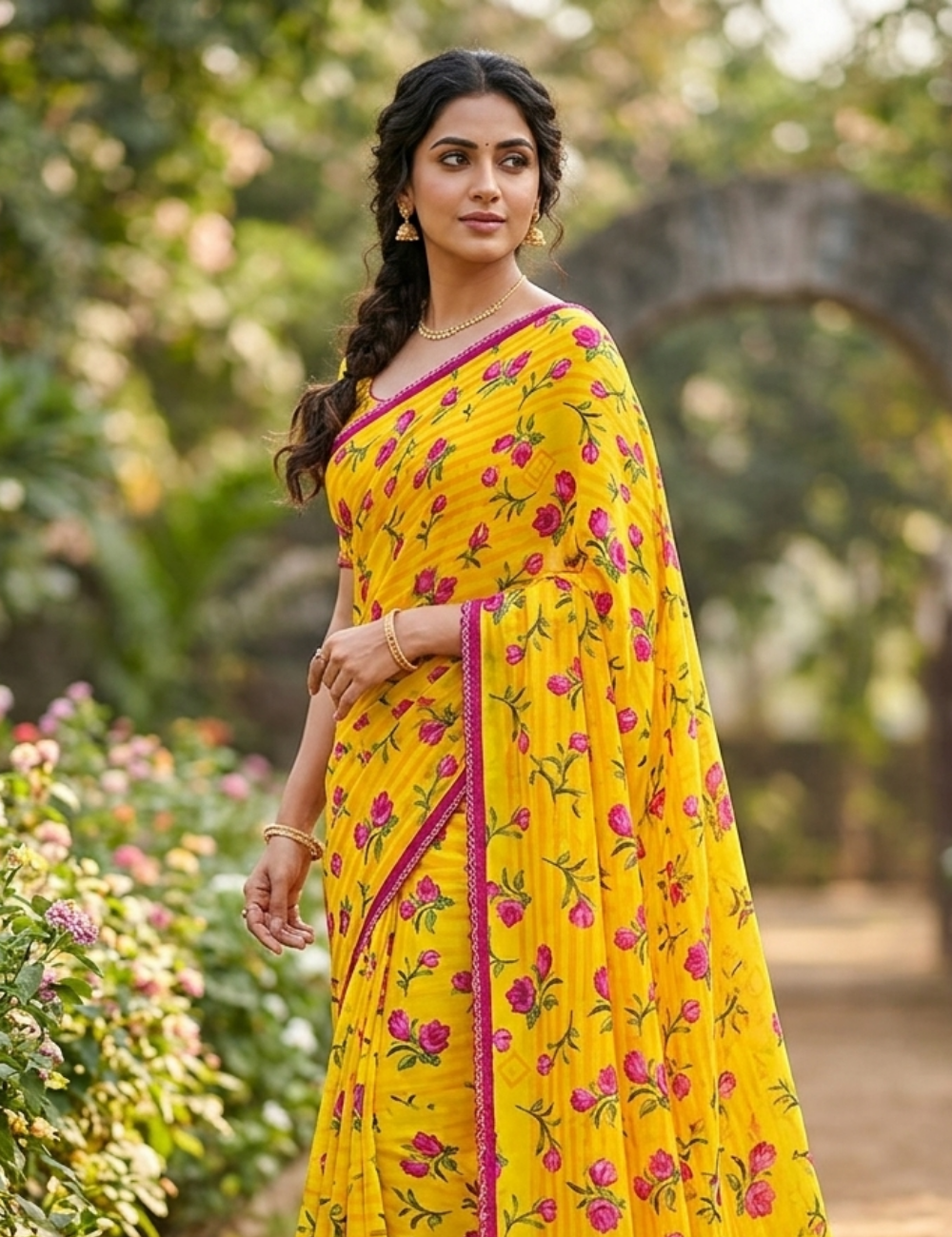 Vibrant Yellow Floral Printed Lightweight Saree with Elegant Border