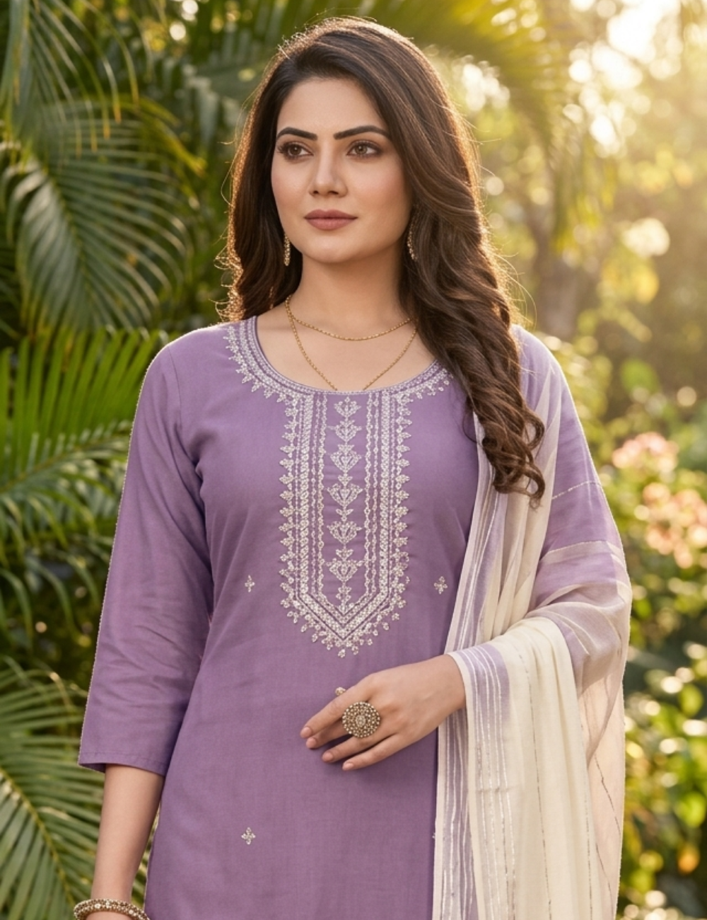 Elegant Mauve-Pink Embroidered Straight Kurta Set with Ombre Dupatta