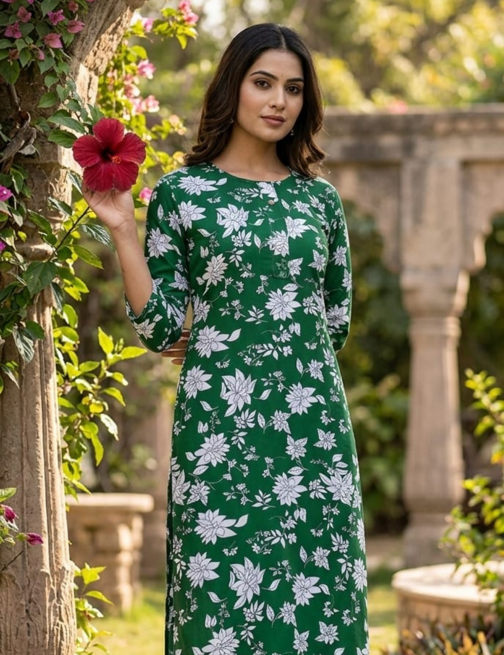 Elegant Green Floral Printed Cotton Kurta Set