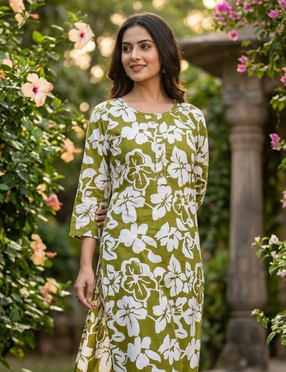 Elegant Olive Green Floral Kurta Set