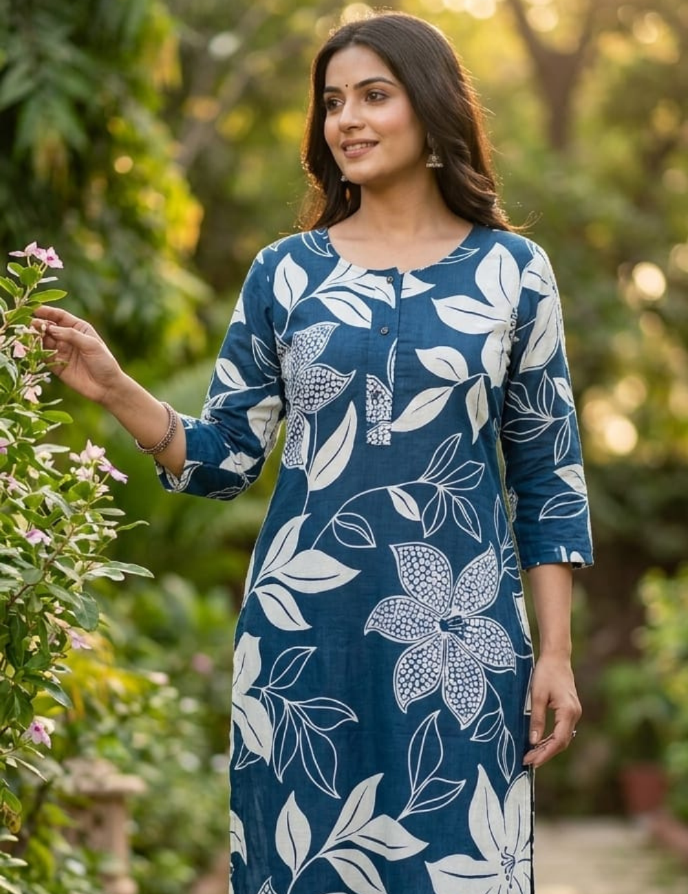 Elegant Teal Floral Printed Cotton Kurta Set