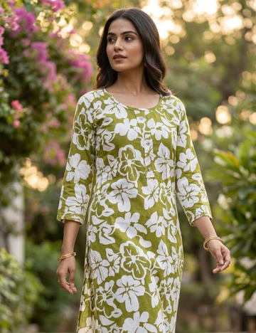 Elegant Olive Green Floral Kurta Set