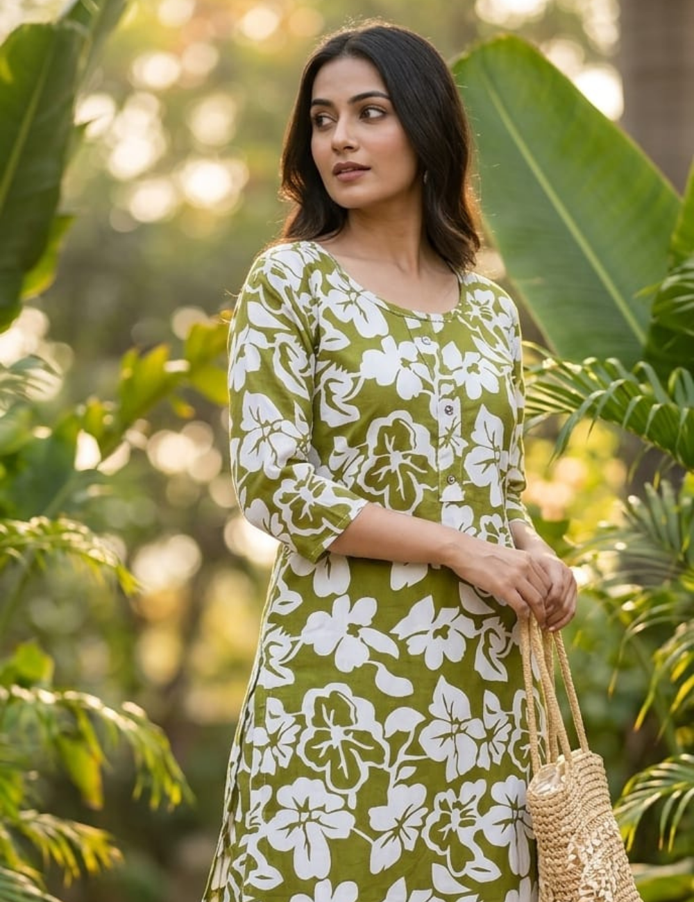 Elegant Olive Green Floral Kurta Set