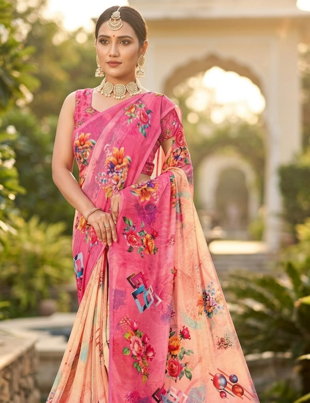 Blush & Magenta Rose Bouquet Georgette Saree with Watercolor Ombré Effect