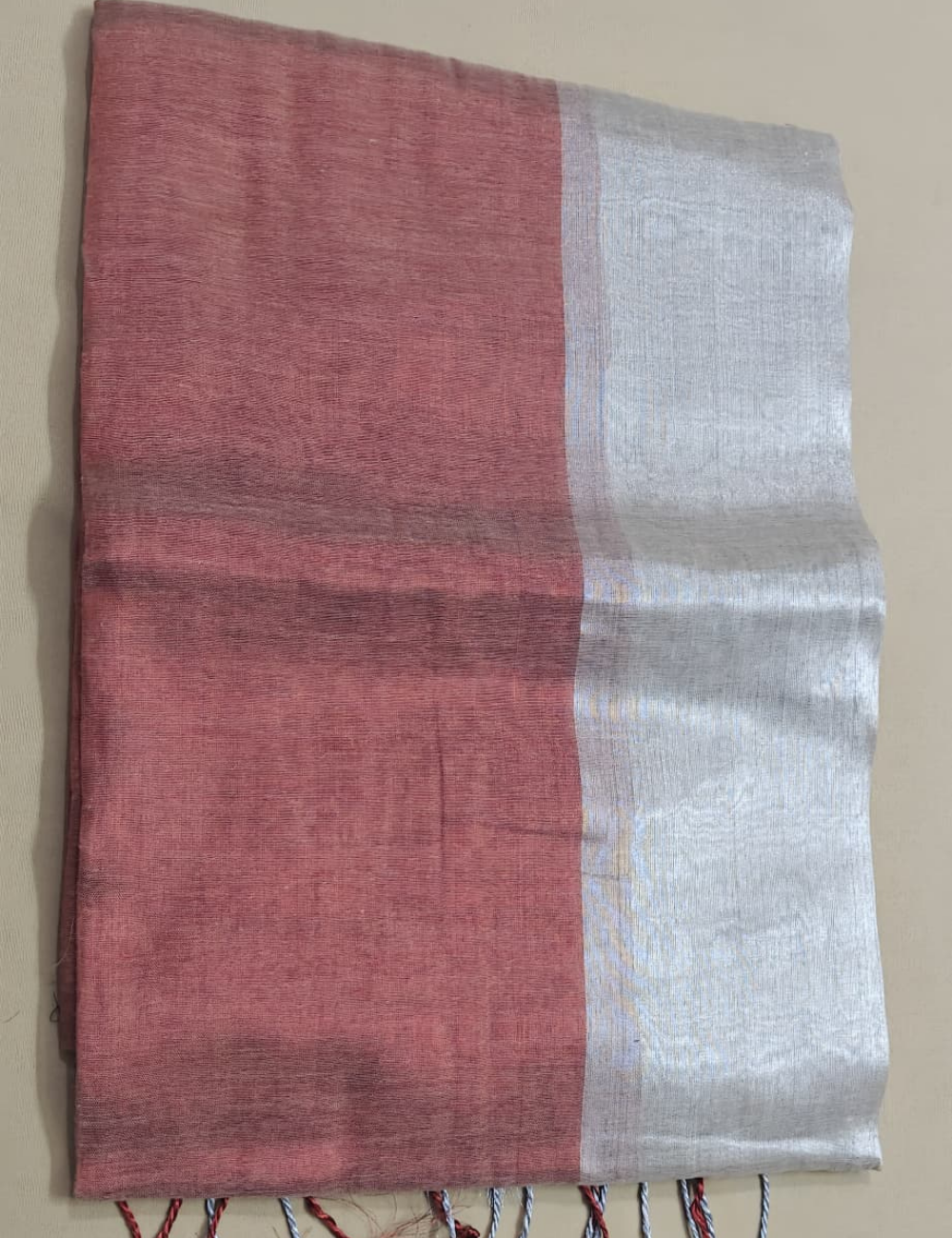 Elegant Silver Grey & Coral Pink Dual-Tone Tassel Sari