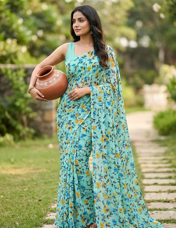 Elegant Aqua Blue Floral Printed Lightweight Saree