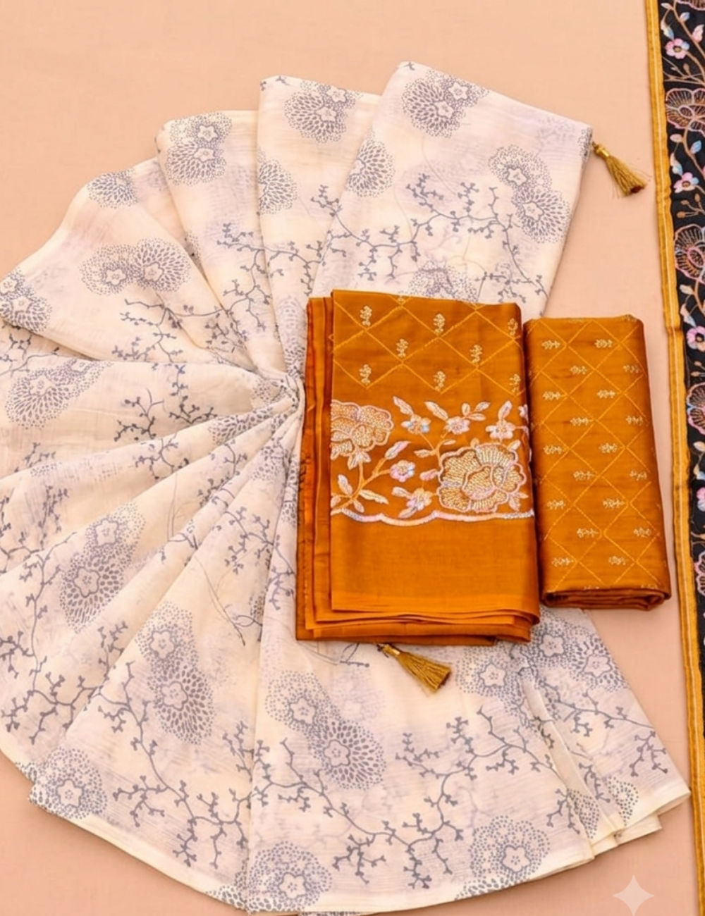 Cream Saree with Mustard Embroidered Blouse