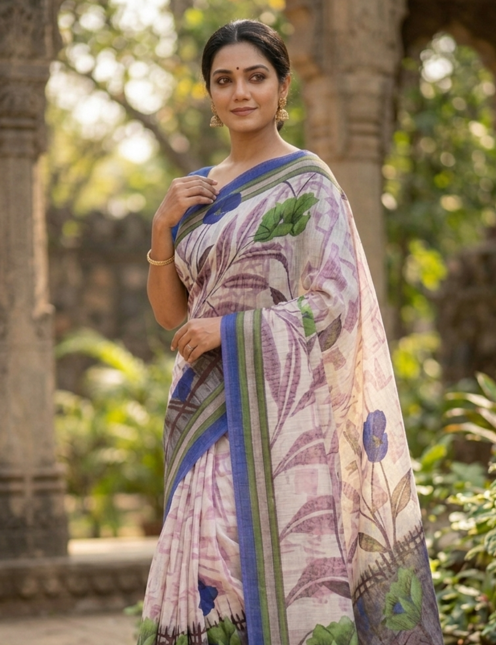 Elegant Cream Floral Printed Saree with Royal Blue Border