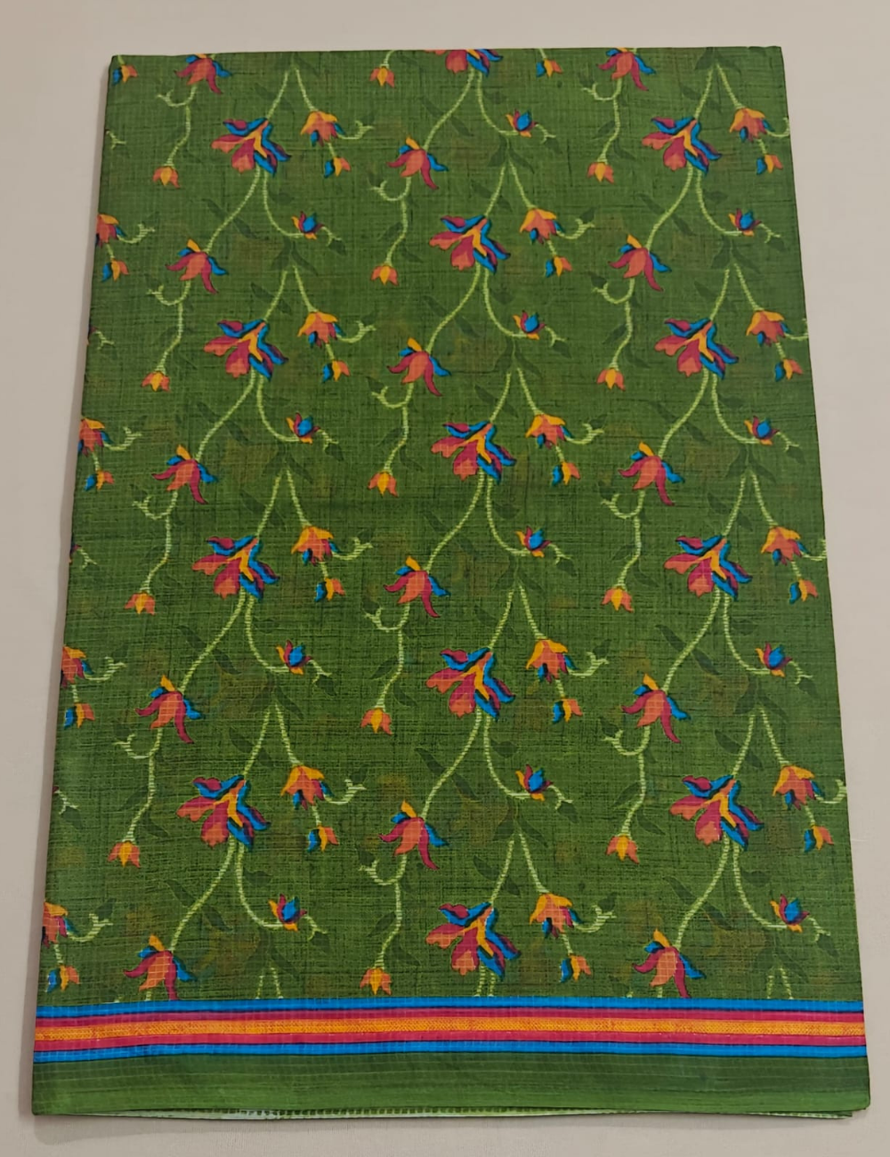 Elegant Dark Green Floral Printed Sari with Contrast Border