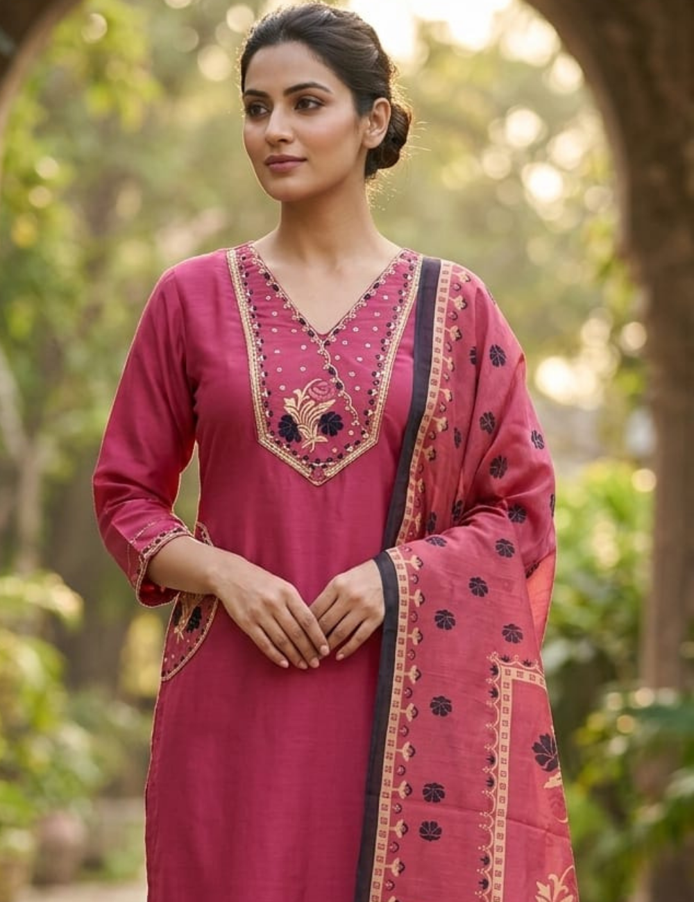 Elegant Indigo Blue Embroidered Kurta Set with Printed Dupatta