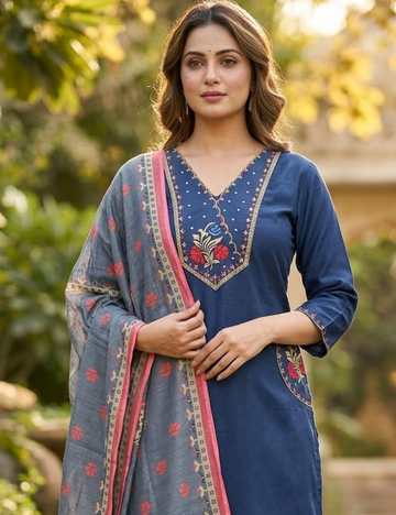 Elegant Indigo Blue Embroidered Kurta Set with Printed Dupatta