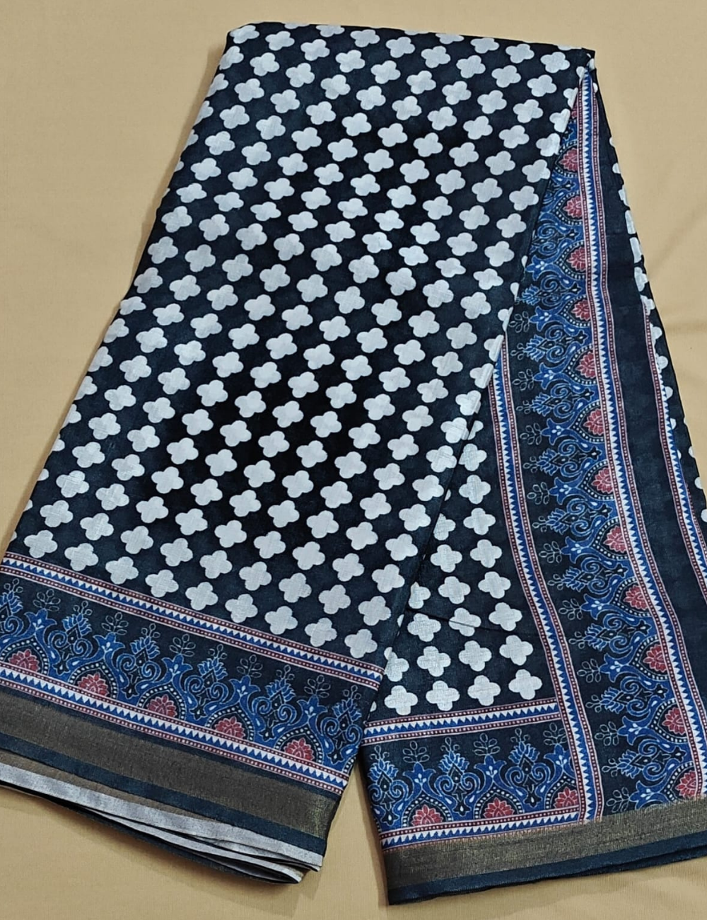 Black and White Geometric Motif Saree with Heritage Indigo Border with Blouse