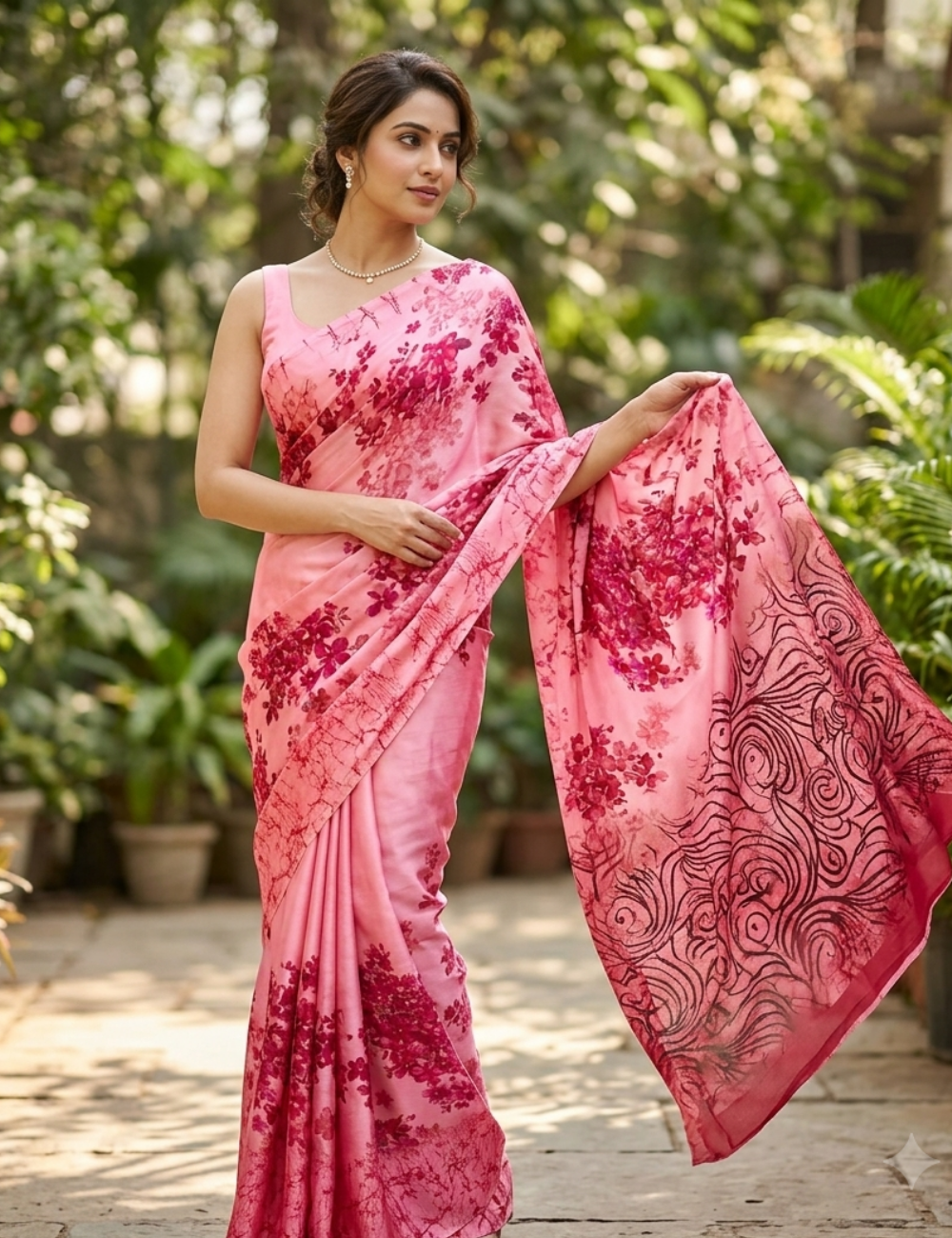 Elegant Pink Floral Printed Soft Saree with Abstract Stripes