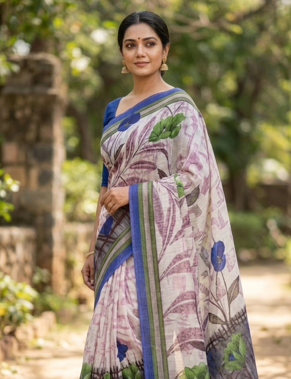 Elegant Cream Floral Printed Saree with Royal Blue Border