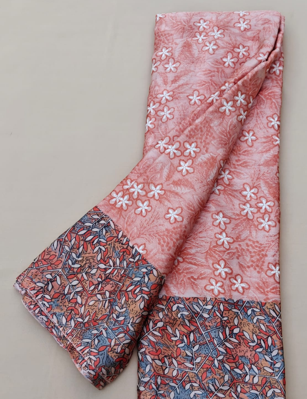 Blush Peach Floral Silk Saree with Geometric Foliage Border