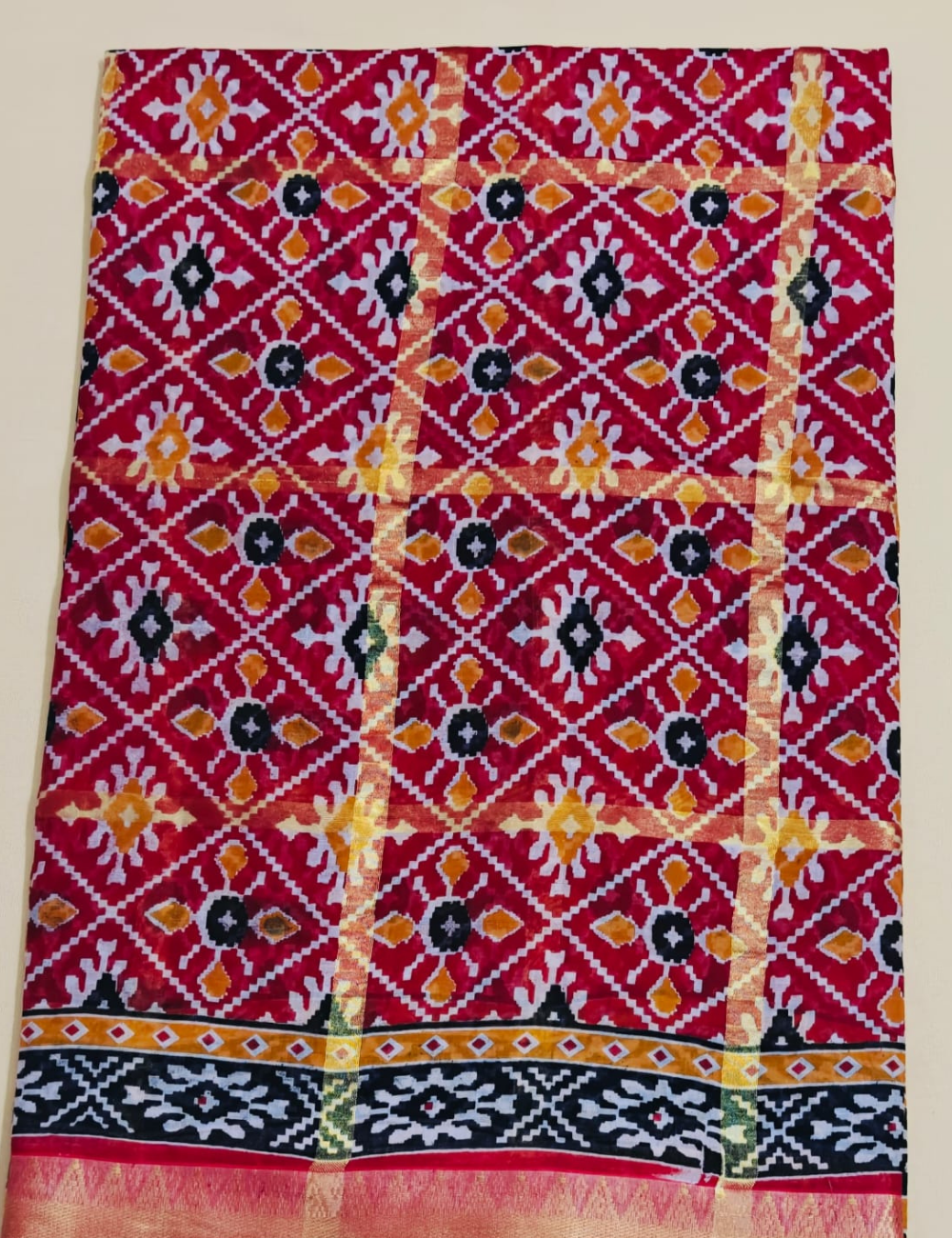 Elegant Maroon Geometric Printed Sari with Golden Border
