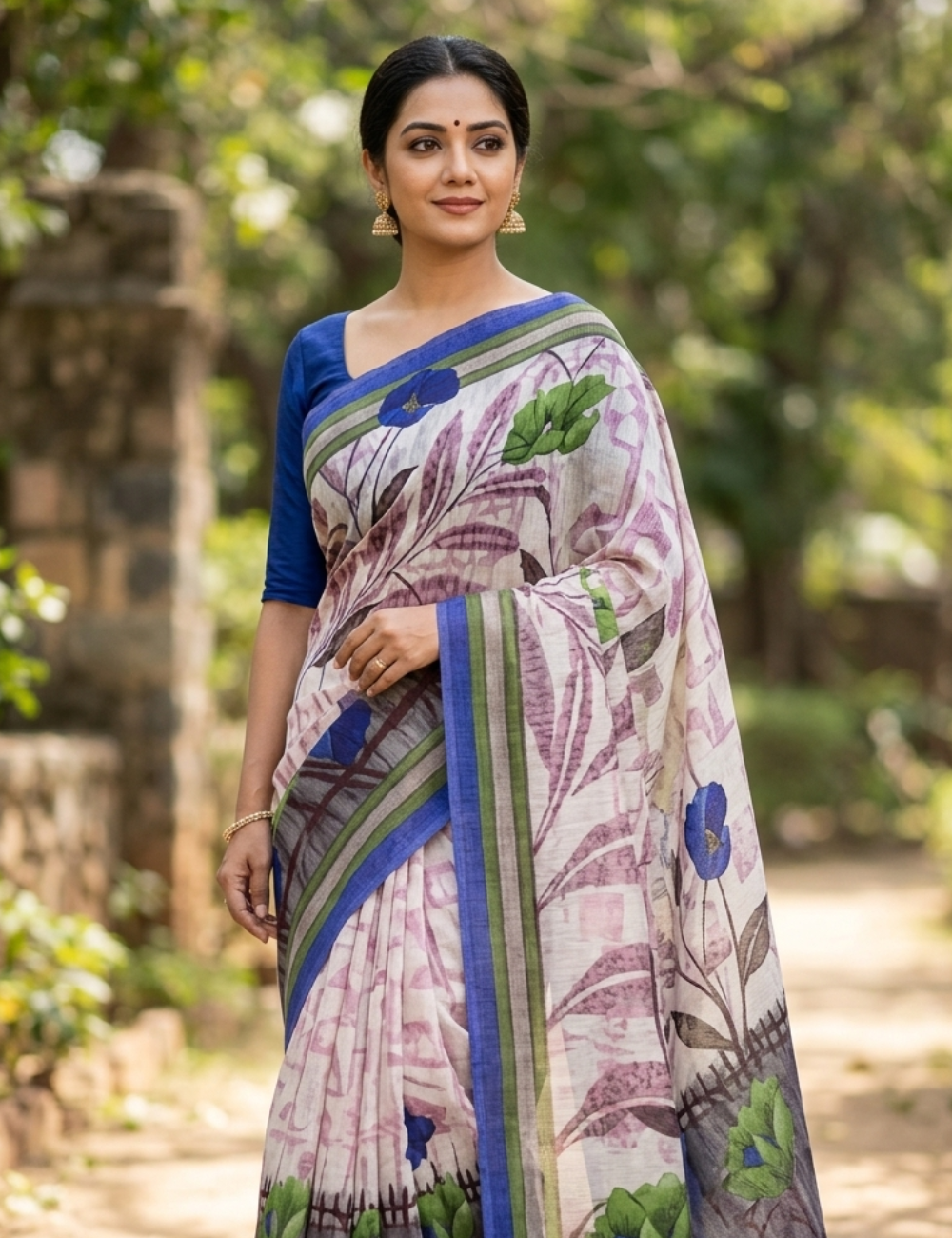 Elegant Cream Floral Printed Saree with Royal Blue Border