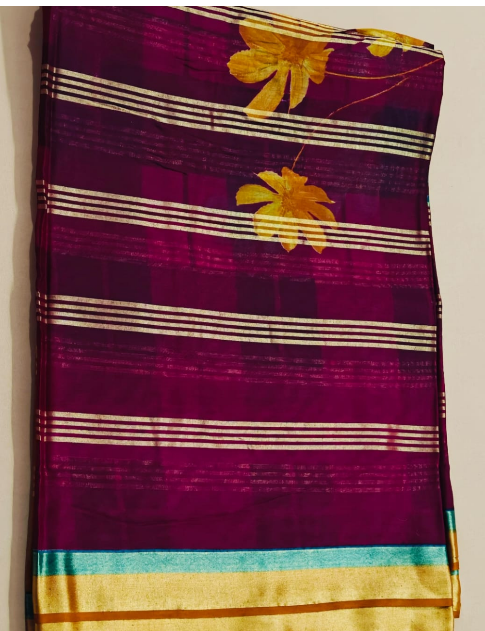 Elegant Wine Purple Floral Border Sari with Golden Zari