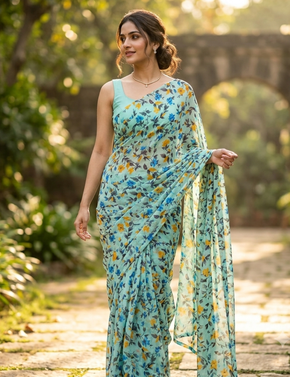 Elegant Aqua Blue Floral Printed Lightweight Saree