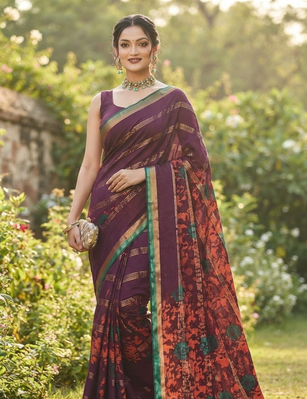 Elegant Purple Floral Printed Sari with Turquoise-Gold Border