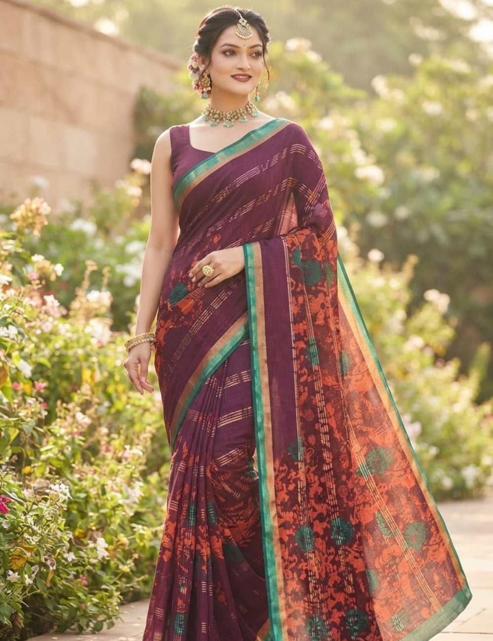 Elegant Purple Floral Printed Sari with Turquoise-Gold Border
