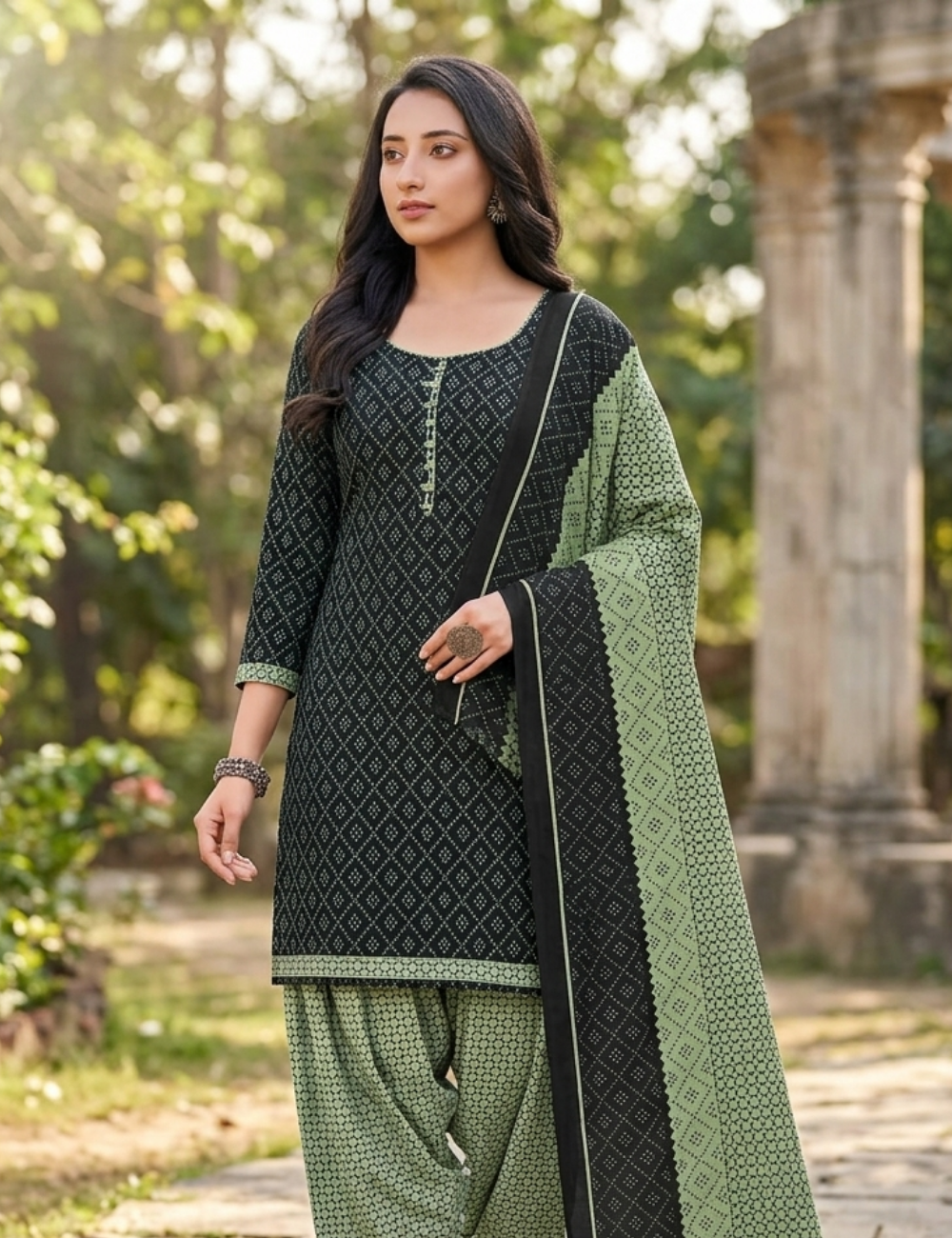 Elegant Black & Sage Patiala Kurta Suit