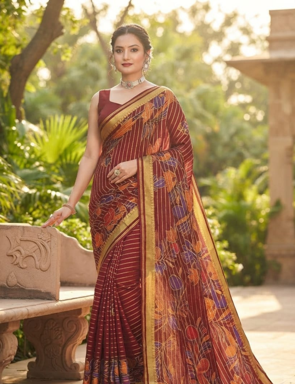 Elegant Maroon Floral Printed Sari with Golden Stripe Border