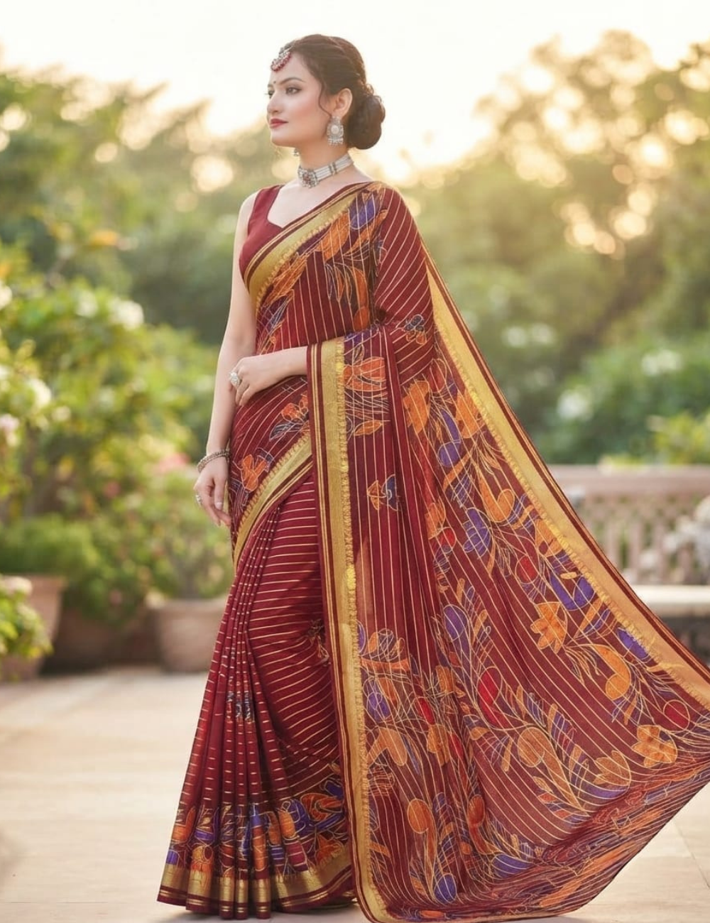 Elegant Maroon Floral Printed Sari with Golden Stripe Border