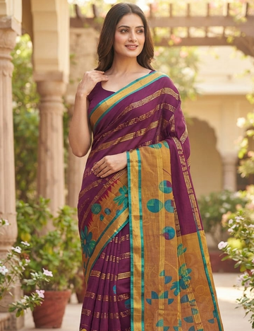 Elegant Wine Purple Floral Border Sari with Golden Zari