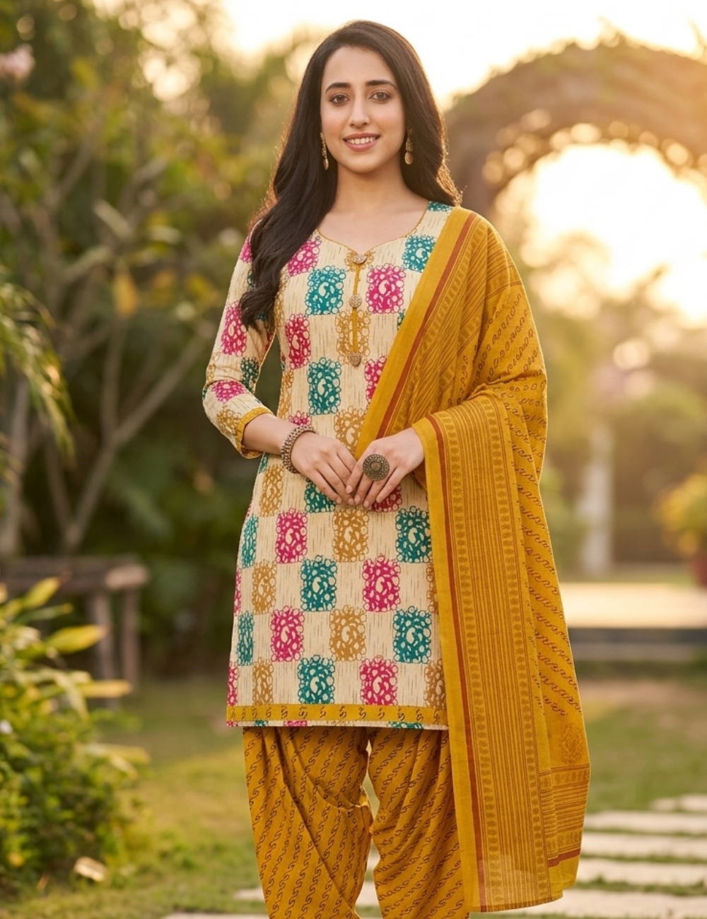 Vibrant Mustard Geometric Patiala Kurta Suit