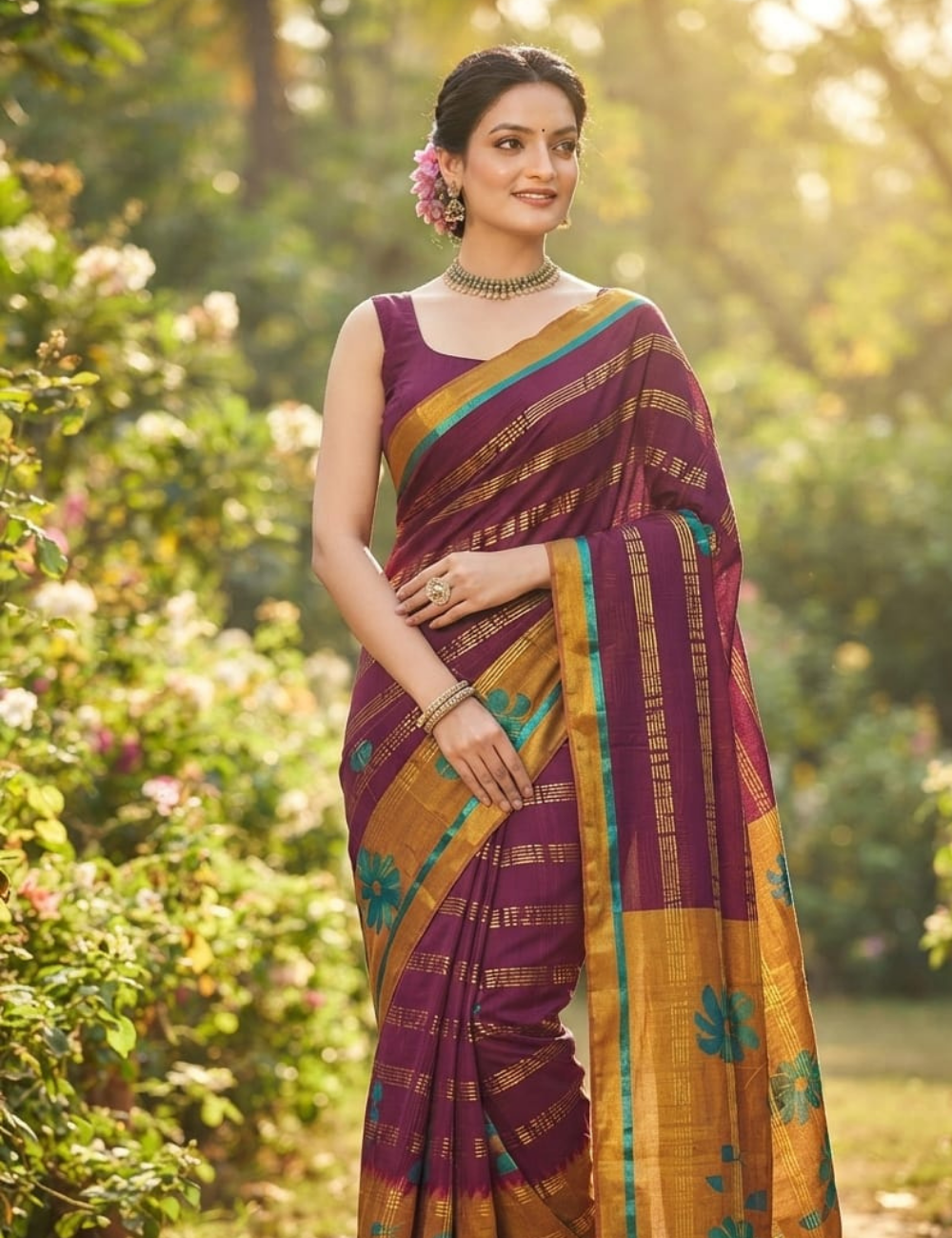 Elegant Wine Purple Floral Border Sari with Golden Zari