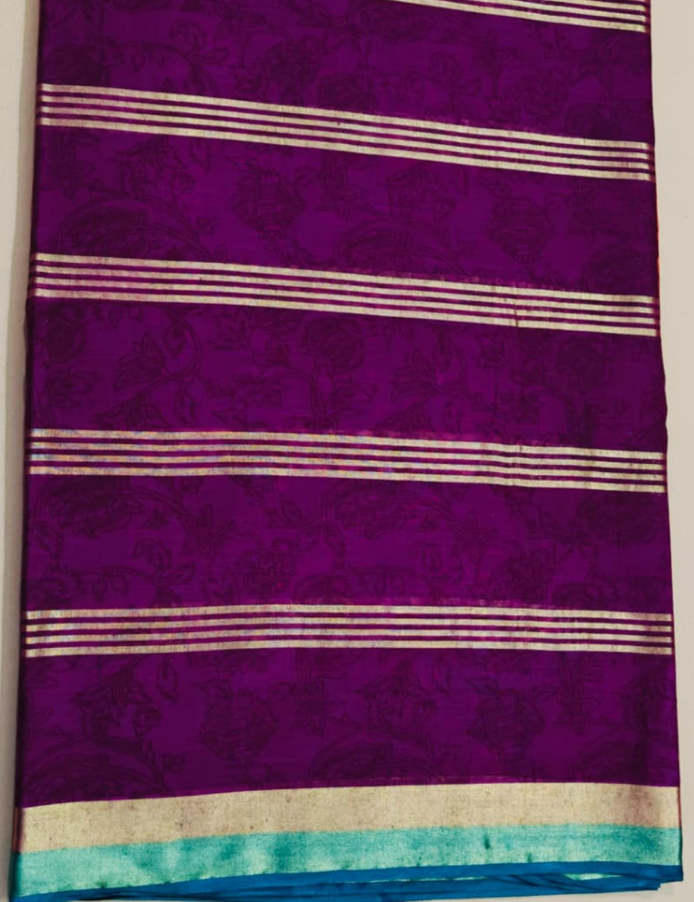 Elegant Purple Floral Printed Sari with Turquoise-Gold Border