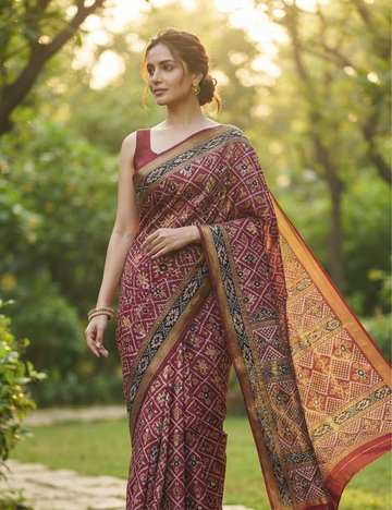 Elegant Maroon Geometric Printed Sari with Golden Border