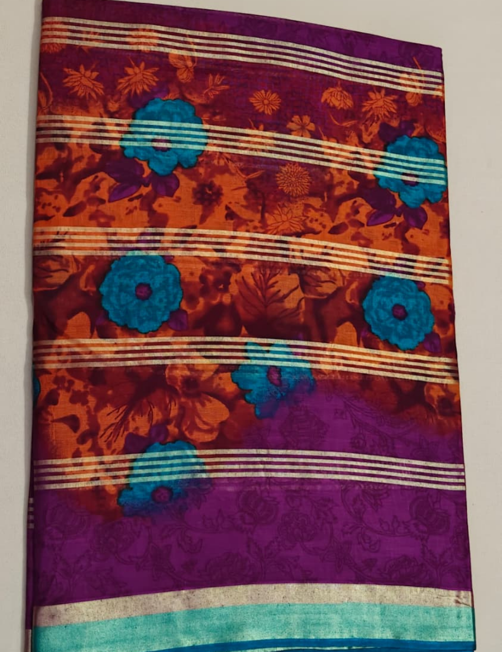 Elegant Purple Floral Printed Sari with Turquoise-Gold Border