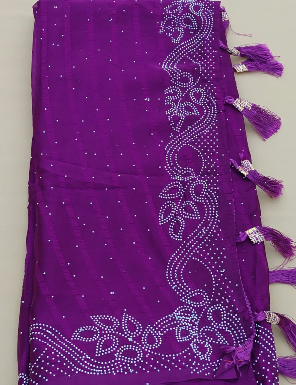 Purple Saree with White Bead Leaf Embroidery