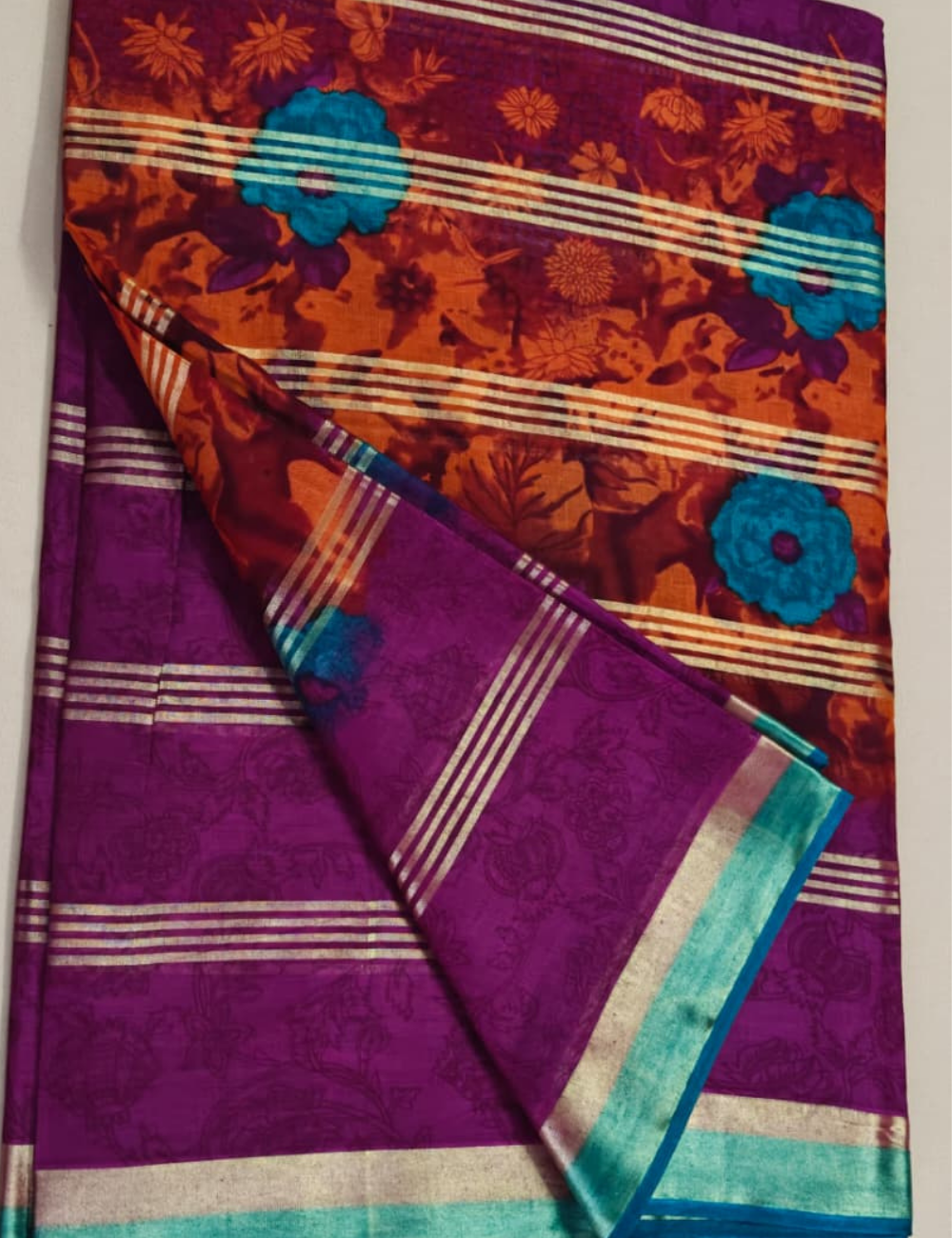 Elegant Purple Floral Printed Sari with Turquoise-Gold Border