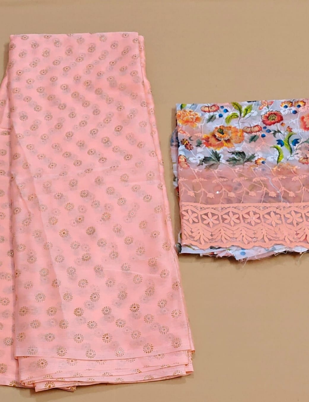 Elegant Peach Saree with Floral Printed Blouse