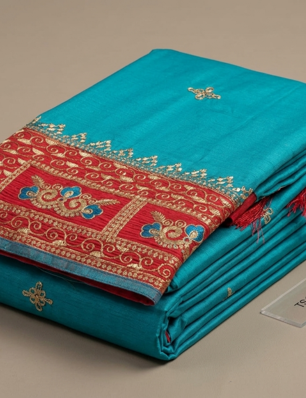 Teal Blue Saree with Red Embroidered Border