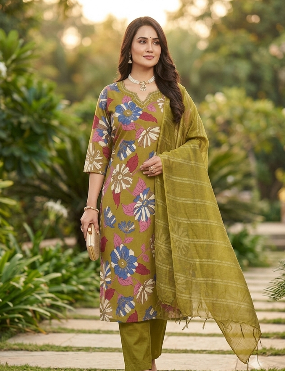 Olive Green Floral Printed Kurta Set with Elegant Dupatta