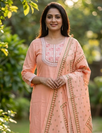 Elegant Peach Embroidered Kurta Set with Dupatta