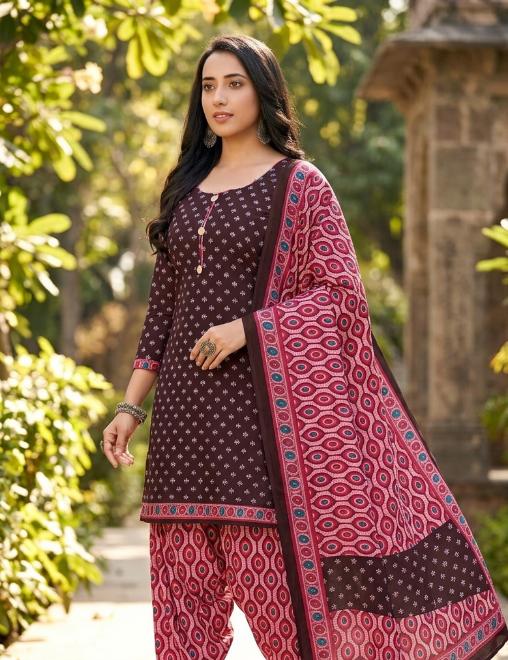 Elegant Deep Plum Patiala Kurta Suit with Geo-Print Accents