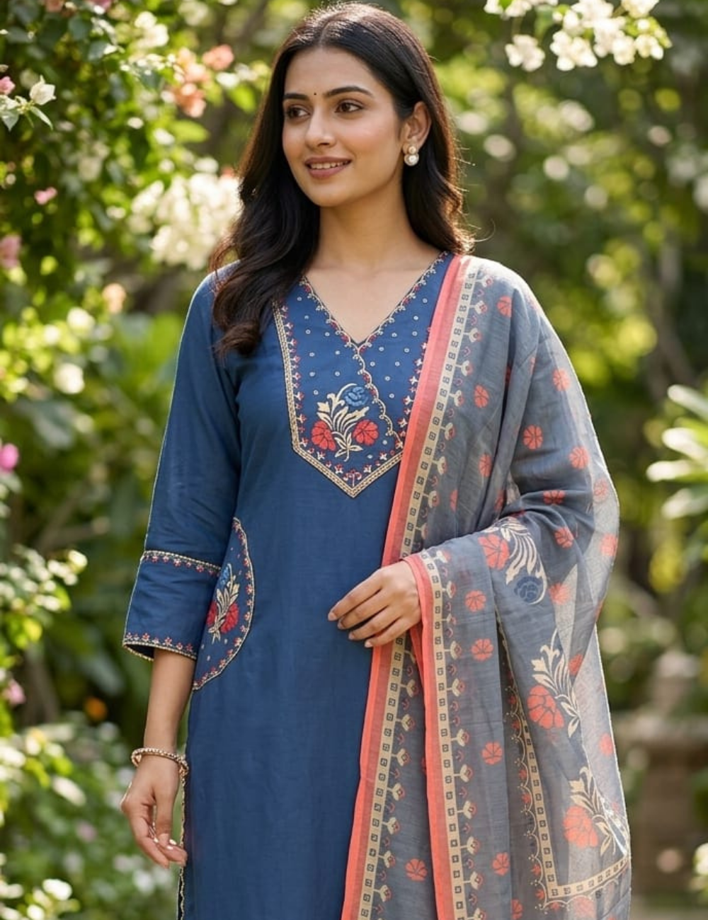 Elegant Indigo Blue Embroidered Kurta Set with Printed Dupatta