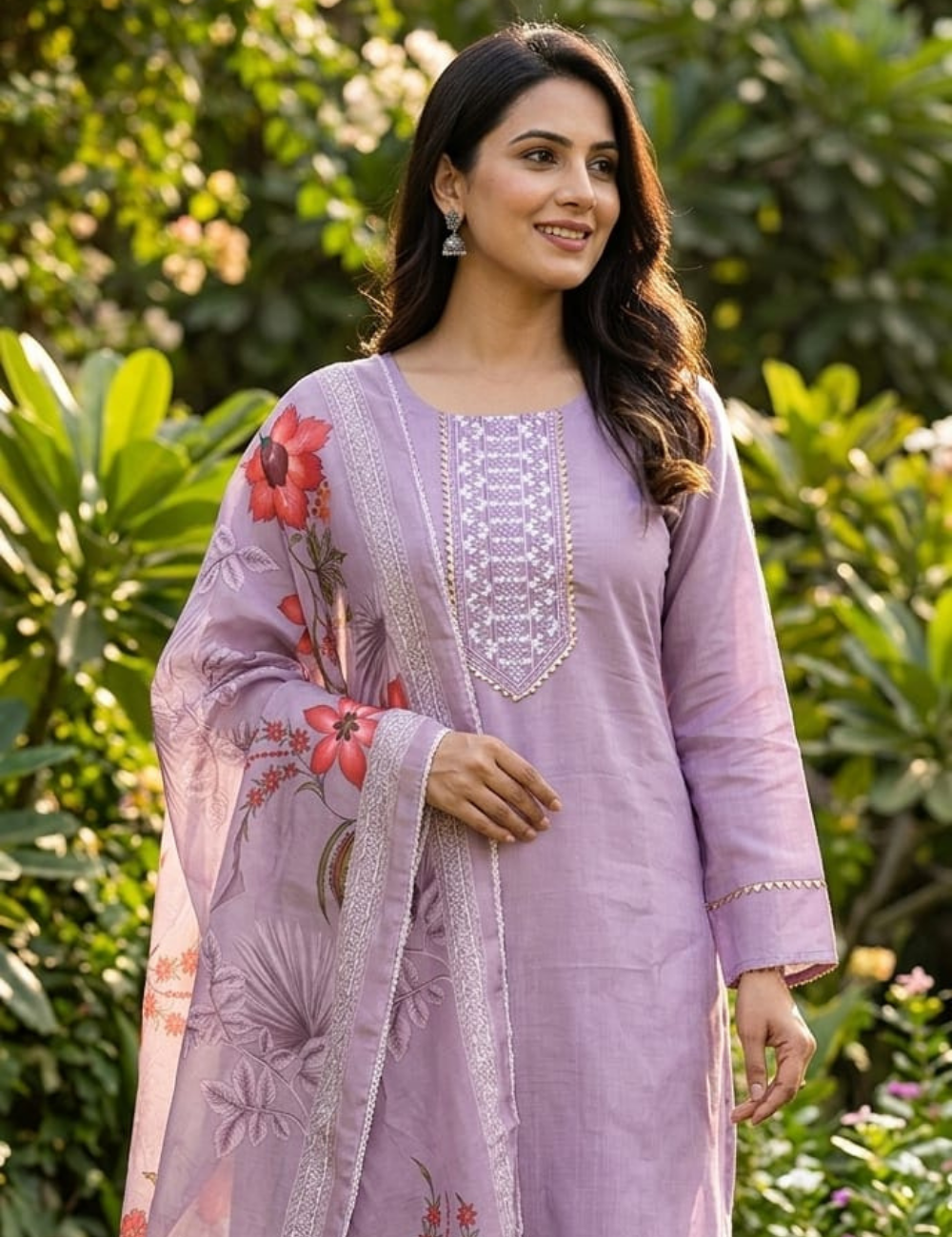 Charming Lavender Embroidered Kurta Set with Floral Organza Dupatta