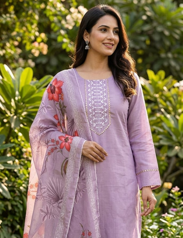 Charming Lavender Embroidered Kurta Set with Floral Organza Dupatta