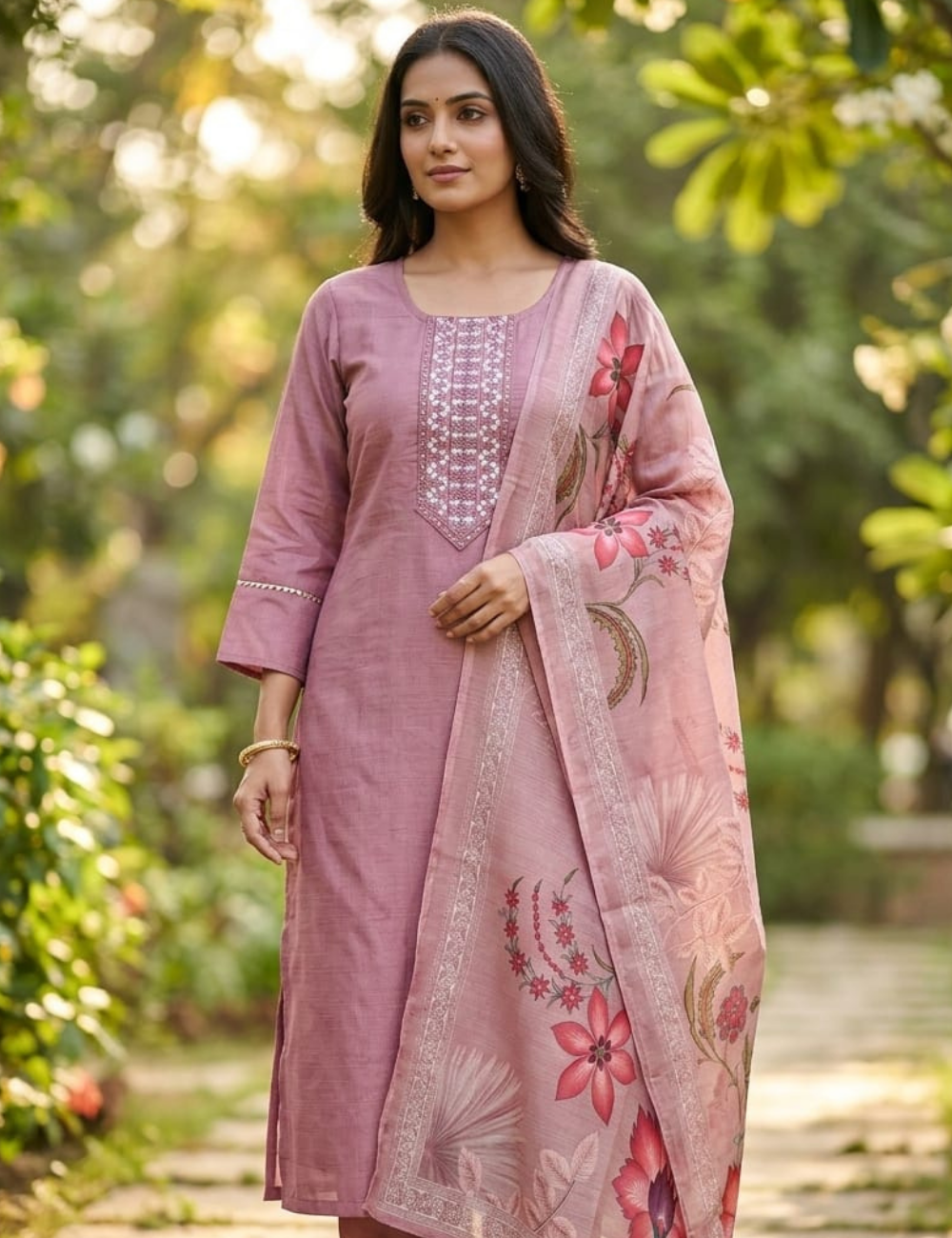 Charming Lavender Embroidered Kurta Set with Floral Organza Dupatta